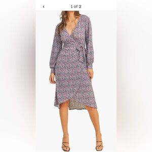 Lush Floral Wrap Midi Dress in Blue and Pink